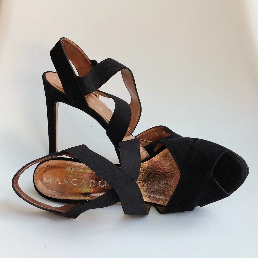 Mascaró black suede & elastic cross strap stiletto sandals, EU41, NWT